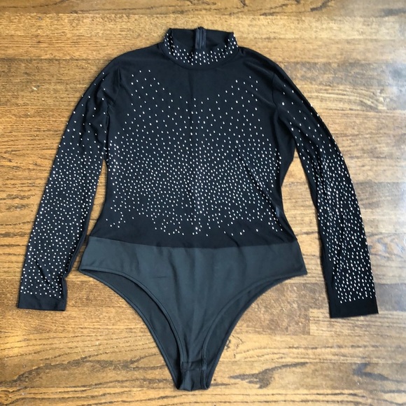 Tops - Longsleeve Rhinestone Jewel Turtleneck Mesh Stretch  Glam Bodysuit